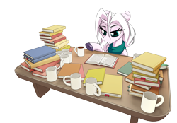 Size: 6460x4495 | Tagged: safe, artist:dacaoo, oc, oc only, pony, unicorn, absurd resolution, book, clothes, coffee mug, colored pupils, horn, mug, prone, scarf, simple background, solo, text, tired, transparent background, unicorn oc