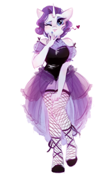 Size: 676x1052 | Tagged: safe, artist:melodylibris, rarity, unicorn, anthro, unguligrade anthro, g4, blushing, clothes, dress, female, fishnets, floating heart, heart, heart eyes, looking at you, mare, one eye closed, see-through, see-through skirt, see-through sleeves, simple background, skirt, solo, white background, wingding eyes, wink, winking at you