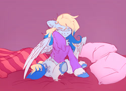 Size: 3184x2289 | Tagged: safe, artist:itssim, oc, oc only, oc:azure opus, pegasus, pony, bed, blanket, blind, clothes, female, frog (hoof), high res, mare, one eye closed, pajamas, pillow, sleepy, solo, spread wings, tail, tired, two toned mane, two toned tail, underhoof, unshorn fetlocks, wavy mouth, wings