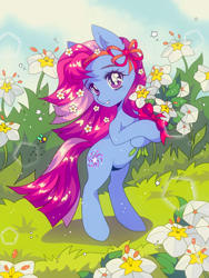 Size: 1620x2160 | Tagged: safe, artist:pierogarts, star swirl, bee, earth pony, insect, pony, mlp fim's thirteenth anniversary, g4, bipedal, bouquet, bow, ear fluff, female, flower, flower in hair, grass, headband, lens flare, mare, purple eyes, ribbon, smiling, solo, stars, turned head