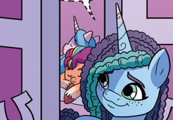 Size: 814x568 | Tagged: safe, official comic, izzy moonbow, misty brightdawn, sunny starscout, earth pony, pony, unicorn, g5, idw, spoiler:comic, spoiler:g5comic, black white & blue, comic, dreadlocks, female, mane stripe sunny, mattress, shipping fuel, sleeping, smiling