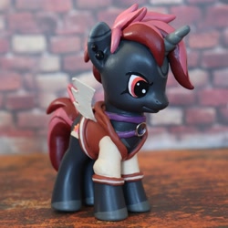 Size: 3507x3507 | Tagged: safe, artist:mistyquest, oc, oc only, oc:dahlia storm, pony, unicorn, g4, alternative, angry, angry eyes, bat wings, clothed ponies, clothes, coat markings, colored ears, colored hooves, colored horn, craft, customized toy, ear piercing, earring, eyeliner, face, facial markings, female, figure, figurine, gray coat, gray fur, grey hair, harness, high res, hoodie, horn, irl, jacket, jewelry, looking at something, looking away, makeup, markings, multicolored eyes, multicolored hair, multicolored mane, multicolored tail, orange eyes, outfit, outfits, painted, photo, piercing, purple eyes, red hair, red mane, red tail, sculpted, sculpture, shirt, signature, simple background, solo, spread wings, standing, tail, toy, wings