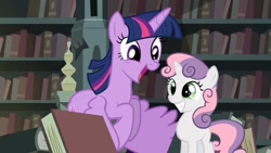 Size: 1086x611 | Tagged: safe, edit, edited screencap, screencap, sweetie belle, twilight sparkle, alicorn, pony, unicorn, castle mane-ia, g4, book, bookshelf, duo, duo female, excited, female, filly, grin, library, smiling, twilight sparkle (alicorn)