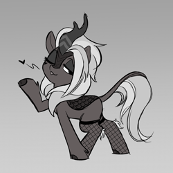 Size: 2500x2500 | Tagged: safe, artist:syrupyyy, oc, oc only, oc:jinx kurai, kirin, pony, blowing a kiss, cloven hooves, female, fishnet stockings, flirting, gradient background, grayscale, high res, monochrome, one eye closed, solo, tattoo, wink