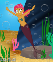 Size: 2852x3368 | Tagged: safe, artist:cyber-murph, babs seed, mermaid, equestria girls, equestria girls series, g4, belly button, boob freckles, breasts, bubble, chest freckles, coral, coral reef, ear piercing, earring, equestria girls-ified, female, fish tail, flowing hair, freckles, high res, jewelry, mermaidized, midriff, ocean, palindrome get, piercing, seaweed, shoulder freckles, signature, solo, species swap, swimming, tail, underwater, water