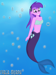 Size: 1644x2188 | Tagged: safe, artist:cyber-murph, amethyst star, sparkler, mermaid, equestria girls, equestria girls series, g4, background human, belly button, breasts, bubble, female, fish tail, flowing hair, hairband, mermaidized, midriff, ocean, scales, signature, solo, species swap, swimming, tail, tube top, underwater, water