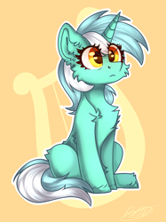 Size: 1196x1600 | Tagged: safe, artist:severe acrophobia, lyra heartstrings, pony, unicorn, g4, cheek fluff, chest fluff, cutie mark background, ear fluff, eye clipping through hair, female, fluffy, mare, simple background, solo, unshorn fetlocks, yellow background