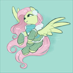 Size: 2400x2400 | Tagged: safe, artist:syrupyyy, fluttershy, pegasus, pony, g4, blue background, bundled up, clothes, drop shadow, earmuffs, female, flying, green background, high res, leg warmers, looking away, mare, no pupils, scarf, simple background, solo, spread wings, turned head, wings, winter outfit