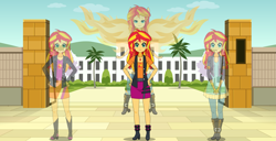 Size: 2935x1500 | Tagged: safe, artist:neoduelgx, sunset shimmer, human, equestria girls, g4, belt, boots, clothes, denim, high heel boots, humanized, jacket, jeans, kisekae, pants, shirt, shoes, skirt, solo