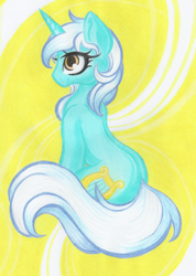 Size: 4636x6529 | Tagged: safe, artist:emberslament, lyra heartstrings, pony, unicorn, g4, absurd file size, absurd resolution, colored pencil drawing, sitting, smiling, solo, traditional art