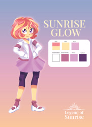 Size: 2450x3389 | Tagged: safe, artist:cheripiesart, oc, oc only, oc:sunrise glow, human, series:legendofsunrise, equestria girls, g4, clothes, gradient background, high res, hoodie, leggings, offspring, parent:sunset shimmer, reference sheet, solo