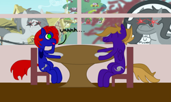Size: 4101x2461 | Tagged: safe, alternate version, artist:hurricanehunter03, derpibooru exclusive, oc, oc only, oc:ion sparkplug, oc:praenuntia mortis, oc:shrapnel, oc:wing front, pegasus, pony, blue fur, brown mane, chair, eating, father and child, father and daughter, female, floor, golden oaks library, gray mane, green eyes, grey fur, houses, hurricane, library, male, married, oblivious, oc x oc, pegasus oc, ponyville, praenuntia mortis doing mortis things, purple fur, red glowing eyes, red mane, restaurant, shipping, this will end in death, this will end in pain, this will end in shrapnel killing ion, this will end in tears, this will end in tears and/or death, wall, white fur, wingless, wrench