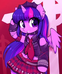 Size: 2203x2636 | Tagged: safe, artist:moozua, twilight sparkle, alicorn, pony, semi-anthro, g4, arm hooves, belly button, bipedal, bracelet, clothes, collar, cross, cross necklace, ear piercing, earring, eye clipping through hair, female, goth, high res, horn, jewelry, looking at you, mare, midriff, mouth hold, necklace, necktie, piercing, signature, skirt, smiling, smiling at you, solo, twilight sparkle (alicorn), wings