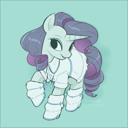 Size: 2103x2103 | Tagged: safe, artist:syrupyyy, rarity, pony, unicorn, g4, blue background, boots, bundled up, clothes, coat, cute, eyeshadow, female, green background, grin, high res, horn, makeup, mare, pony shoes, raised hoof, raribetes, shoes, simple background, smiling, solo, winter, winter outfit