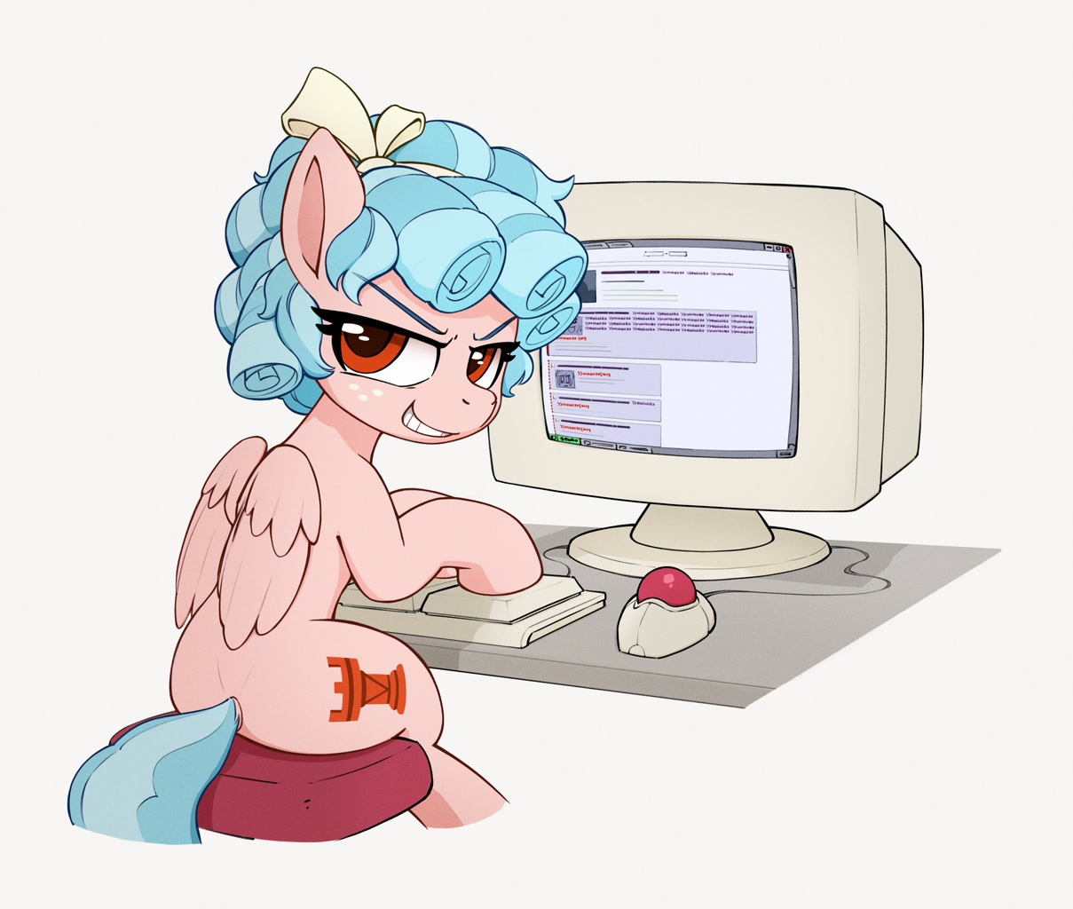 [4chan,computer,freckles,looking back,pegasus,pony,pure unfiltered evil,safe,simple background,sitting,smirk,solo,white background,smiling,cozy glow,pure concentrated unfiltered evil of the utmost potency,escii keyboard,trackball,artist:quotepony]