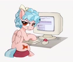 Size: 3838x3252 | Tagged: safe, artist:quotepony, cozy glow, pegasus, pony, g4, 4chan, chess piece, computer, crt, escii keyboard, freckles, high res, looking back, pure concentrated unfiltered evil of the utmost potency, pure unfiltered evil, simple background, sitting, smiling, smirk, solo, trackball, white background