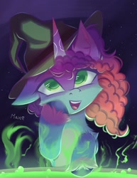 Size: 1031x1337 | Tagged: safe, artist:maxi_ponie, misty brightdawn, pony, unicorn, g5, cauldron, cute, eyebrows, eyebrows visible through hair, female, halloween, hat, holiday, horn, looking at you, mare, mistybetes, open mouth, open smile, rebirth misty, signature, smiling, smiling at you, solo, unshorn fetlocks, witch hat