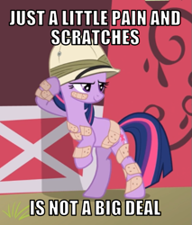 Size: 511x600 | Tagged: safe, edit, edited screencap, editor:twi clown, screencap, twilight sparkle, pony, unicorn, feeling pinkie keen, g4, bandaid, bipedal, caption, cropped, female, hat, image macro, karma, mare, pith helmet, smug, solo, text, unicorn twilight