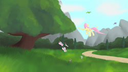 Size: 1920x1080 | Tagged: safe, artist:clanmcg24, fluttershy, bird, butterfly, pegasus, pony, rabbit, g4, my little pony: friendship is magic, swarm of the century, animal, female, flying, grass, lineless, mare, path, scene interpretation, scenery, tree