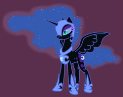 Size: 623x496 | Tagged: safe, artist:clanmcg24, nightmare moon, alicorn, pony, g4, concave belly, ethereal mane, ethereal tail, female, helmet, hoof shoes, horn, long horn, long mane, mare, peytral, princess shoes, simple background, slender, solo, spread wings, tail, thin, three quarter view, wings, wip