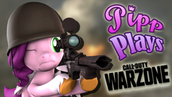 Size: 1920x1080 | Tagged: safe, artist:pika-robo, pipp petals, pegasus, pony, series:pipp plays, g4, g5, 3d, call of duty, call of duty: warzone, fake thumbnail, female, g5 to g4, gamer pipp, generation leap, gun, headgear, helmet, hoof hold, let's play, mare, one eye closed, rifle, sniper rifle, solo, source filmmaker, weapon, wing hands, wings, youtube thumbnail