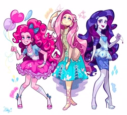 Size: 2048x1852 | Tagged: safe, artist:libbly_libby, fluttershy, pinkie pie, rarity, butterfly, equestria girls, g4, alternate hairstyle, balloon, beautiful, bow, clothes, ear piercing, earring, female, hair bow, heart, heart balloon, high heels, jewelry, necklace, peace symbol, piercing, rarity peplum dress, trio, trio female