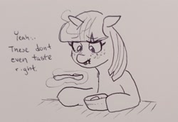 Size: 2048x1406 | Tagged: safe, artist:pony quarantine, oc, oc:soup, pony, unicorn, bowl, chef boyardee, dialogue, female, floppy ears, food, freckles, grayscale, levitation, magic, mare, monochrome, solo, soup, spoon, telekinesis, traditional art