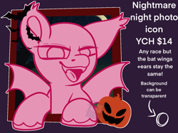 Size: 1402x1048 | Tagged: safe, artist:bluemoon, oc, bat, bat pony, pony, bat wings, commission, ear fluff, fangs, halloween, holiday, icon, nightmare night, open mouth, pumpkin, solo, wings, your character here