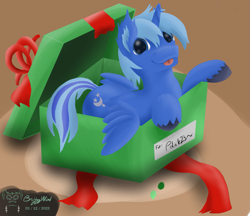 Size: 1551x1337 | Tagged: safe, artist:bryzzwind, oc, oc only, oc:night sky (polak23), alicorn, pony, :p, art trade, box, cute, ear fluff, fluffy, old design, pony in a box, present, signature, smiling, solo, tongue out