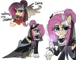 Size: 1440x1142 | Tagged: safe, artist:petaltwinkle, fluttershy, pegasus, pony, g4, alternate hairstyle, black dress, bow, candle, clothes, cross, dialogue, dress, dyed mane, eyeshadow, female, fire, fluttergoth, folded wings, frown, goth, gothic lolita, gradient mane, hair bun, laurel wreath, lidded eyes, lolita fashion, makeup, mare, profile, raised hoof, signature, simple background, smiling, solo, spread wings, standing, talking to viewer, text, tied mane, veil, white background, wingding eyes, wings
