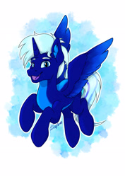 Size: 2480x3508 | Tagged: safe, artist:delfina, oc, oc only, oc:night sky (polak23), alicorn, pony, alicorn oc, countershading, flying, high res, horn, old design, simple background, solo, wings