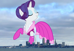 Size: 1045x728 | Tagged: safe, artist:frownfactory, edit, editor:jaredking779, rarity, pony, unicorn, g4, cleveland, clothes, dress, eyes closed, female, giant pony, giantess, highrise ponies, irl, macro, mare, ohio, photo, ponies in real life, raised hoof, solo, story included