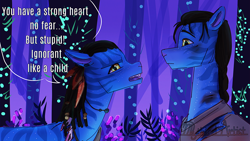 Size: 2560x1440 | Tagged: safe, artist:mythical artist, na'vi, pony, clothes, crossover, duo, ear piercing, earring, female, jake sully, james cameron's avatar, jewelry, male, mare, necklace, neytiri, night, open mouth, piercing, ponified, scar, shirt, size difference, stallion, talking, tree