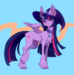Size: 3097x3125 | Tagged: safe, artist:1an1, twilight sparkle, alicorn, pony, g4, big ears, blue background, chest fluff, collar, concave belly, ear fluff, female, hat, high res, hooves, mare, simple background, slender, solo, sternocleidomastoid, thin, twilight sparkle (alicorn), witch hat