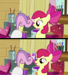 Size: 746x828 | Tagged: safe, edit, edited screencap, screencap, apple bloom, sweetie belle, earth pony, pony, unicorn, g4, hearts and hooves day (episode), butt, cannot unsee, caption, clubhouse, context is for the weak, cropped, crusaders clubhouse, duo, eyes on the prize, face down ass up, female, filly, foal, hearts and hooves day, looking at butt, out of context, paintbrush, sweetie butt, text