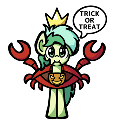 Size: 1047x1155 | Tagged: safe, artist:derp pone, sandbar, crab, earth pony, pony, g4, clothes, costume, crown, cute, jewelry, looking at you, male, pumpkin bucket, regalia, sandabetes, simple background, solo, speech bubble, transparent background