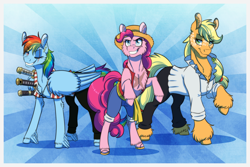 Size: 1772x1181 | Tagged: safe, artist:inuhoshi-to-darkpen, applejack, pinkie pie, rainbow dash, earth pony, pegasus, pony, g4, cheek fluff, chest fluff, clothes, commission, cosplay, costume, ear fluff, eyebrows, eyebrows visible through hair, freckles, gritted teeth, hat, katana, leg fluff, monkey d. luffy, mouth hold, one piece, raised hoof, roronoa zoro, scar, sword, teeth, vinsmoke sanji, weapon, wing fluff, wings