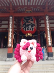 Size: 2250x2999 | Tagged: safe, artist:casquitos kawaii, pinkie pie, earth pony, pony, g4, amigurumi, crochet, high res, irl, japan, japanese, lantern, photo, plushie, solo, temple