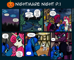 Size: 3508x2834 | Tagged: safe, artist:dsana, fizzlepop berrytwist, princess amore, princess luna, somnambula, tempest shadow, oc, oc:lullaby dusk, oc:thistledown, earth pony, pegasus, pony, unicorn, comic:a storm's lullaby, don't mine at night, g4, clothes, costume, high res, nightmare night, nightmare night costume