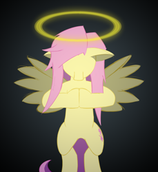 Size: 2743x3000 | Tagged: safe, artist:meqmewmew, derpibooru exclusive, fluttershy, pegasus, pony, g4, bipedal, floppy ears, halo, high res, hooves together, looking down, newbie artist training grounds, no eyes, praying, simple background, simple shading, solo, spread wings, wings, wip