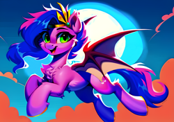 Size: 4096x2880 | Tagged: safe, ai assisted, ai content, artist:felisamafeles, derpibooru exclusive, editor:felisamafeles, generator:pony diffusion v5.5, generator:purplesmart.ai, generator:stable diffusion, pipp petals, bat pony, pony, g5, adorapipp, bat pipp, beautiful, blurry, chest fluff, cloud, cloudy, countershading, cute, ear fluff, edge lighting, full body, fur, gilded hooves, moon, night, night sky, sky, smiling