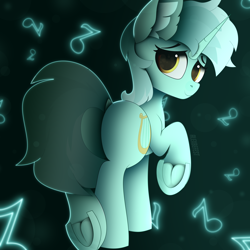Size: 3000x3000 | Tagged: safe, alternate version, artist:alexbefest, lyra heartstrings, pony, unicorn, g4, abstract background, blue, butt, cute, dock, ear fluff, eyebrows, featureless crotch, female, frog (hoof), high res, hoofbutt, horn, looking at you, looking back, looking back at you, lyrabetes, lyrebutt, mare, neon, plot, raised hoof, raised leg, rear view, signature, smiling, smiling at you, solo, standing on two hooves, tail, underhoof