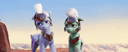 Size: 360x149 | Tagged: safe, screencap, thunder flap, zoom zephyrwing, pegasus, pony, g5, my little pony: a new generation, spoiler:my little pony: a new generation, animated, armor, duo, duo male and female, female, gif, guardsmare, helmet, looking at someone, male, mare, pegasus royal guard, royal guard, sitting, spread wings, stallion, wings
