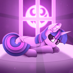 Size: 3000x3000 | Tagged: safe, artist:alexbefest, twilight sparkle, alicorn, pony, g4, bed, crepuscular rays, cute, ear fluff, female, folded wings, frog (hoof), high res, horn, looking at you, lying down, mare, nightmare night, on bed, pink, prone, signature, smiling, smiling at you, solo, twiabetes, twilight sparkle (alicorn), underhoof, window, wings