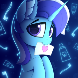 Size: 3000x3000 | Tagged: safe, artist:alexbefest, minuette, pony, unicorn, g4, abstract background, blue, card, cute, ear fluff, eyebrows, female, heart, high res, hooves, horn, looking at you, mare, minubetes, mouth hold, neon, signature, smiling, smiling at you, solo, three quarter view
