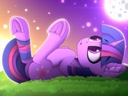 Size: 4000x3000 | Tagged: safe, artist:alexbefest, twilight sparkle, pony, unicorn, g4, day, ear fluff, eyebrows, eyebrows visible through hair, female, frog (hoof), full moon, grass, high res, hooves to the chest, horn, looking up, lying down, mare, moon, namesake, neon, night, on back, open mouth, pun, signature, sky, solo, twilight (astronomy), twilight at twilight, underhoof, unicorn twilight, visual pun