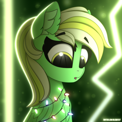 Size: 3000x3000 | Tagged: safe, artist:alexbefest, oc, oc only, oc:gumdrops, pegasus, pony, christmas, christmas lights, commission, ear fluff, eyebrows, eyebrows visible through hair, female, folded wings, green, high res, holiday, looking down, mare, new year, open mouth, pegasus oc, signature, solo, wings, ych result