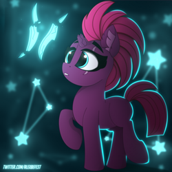 Size: 3000x3000 | Tagged: safe, artist:alexbefest, fizzlepop berrytwist, tempest shadow, pony, unicorn, g4, blank flank, blank flank tempest, broken horn, cute, ear fluff, eye scar, eyebrows, facial scar, female, filly, filly tempest shadow, foal, high res, horn, looking at something, raised hoof, raised leg, scar, scar on the wrong side, signature, solo, stars, tempestbetes, younger