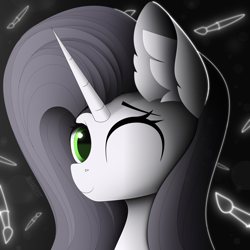 Size: 3000x3000 | Tagged: safe, artist:alexbefest, oc, oc only, oc:reinina hazard, pony, unicorn, abstract background, bust, ear fluff, eyebrows, female, green eyes, high res, horn, looking at you, mare, one eye closed, portrait, signature, smiling, smiling at you, solo, unicorn oc, wink, winking at you