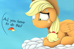 Size: 4500x3000 | Tagged: safe, artist:alexbefest, applejack, pegasus, pony, g4, applejack's hat, cloud, cowboy hat, female, flapplejack, floppy ears, folded wings, freckles, hat, high res, implied rainbow dash, looking down, mare, offscreen character, on a cloud, race swap, scared, signature, simple background, solo, sweat, sweatdrop, wavy mouth, wings